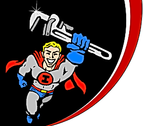 Animated super hero logo which was designed by the owner's wife, Jennifer, to resemble the owner, Aaron. The super hero is flying toward the viewer with an outsretched arm, gripping a large plumbing wrench. The super hero has red cape and "I" in center of chest, with blue gloves and yellow hair